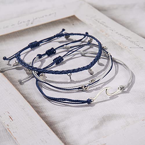 Waterproof String Anklets Cute Beaded Ankle Bracelets Beach Wave Anklet Stainless Steel Coin Boho Ankle Jewelry for Women - color: Navy Blue