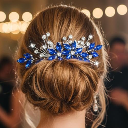 Casdre Crystal Bride Wedding Hair Comb Silver Leaf Bridal Hair Accessories Rhinestone Party Prom Hair Piece for Women and Girls (B Blue) - color: B Blue
