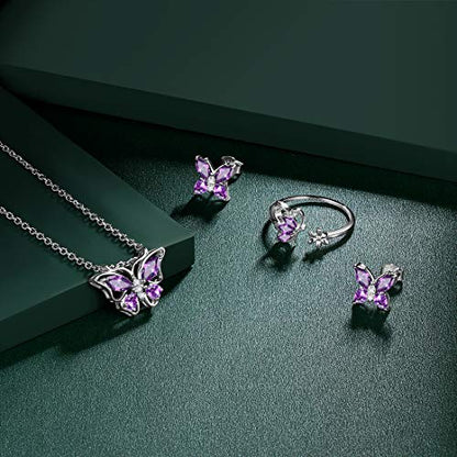 925 Sterling Silver Birthstone Butterfly Jewelry Women Crystal Animal Cute Butterflies Birthday Necklace/Earring/Ring/Bracelet Sets Birth Stone Statement Anniversary Jewellery - color: 2-B.February-Amethyst