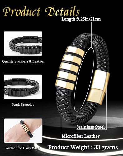 Stainless Steel Mens Bracelets - Black Leather Punk Cuff Jewelry - color: Red plated