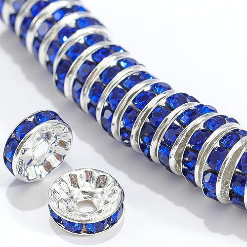 100Pcs Rondelle Spacer Beads Round Crystal Charms Czech Rhinestone Silver Plated Spacer Loose Beads for DIY Bracelet Necklace Jewelry Making Supplies (6MM, Royal Blue) - color: Royal Blue, size: 6MM