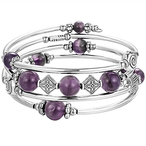 Beaded Pearl Bangle Wrap Bracelet - Fashion Bohemian Jewelry Multilayer Charm Bracelet with Thick Silver Metal Beads, Gift For Women - color: Purple