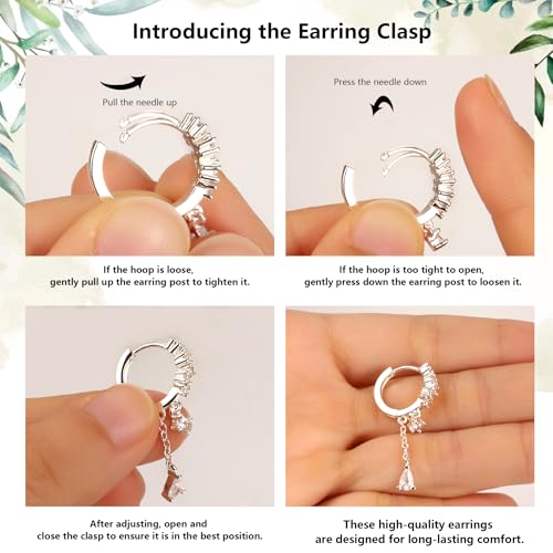 Silver CZ Dangle Earrings Hoop Leverback Drop Earrings Jewelry in Gifts Box | Hypoallergenic Elegant Cubic Zirconia Lightweight Drop Sliver /14k Gold Chain Drop Earring Jewelry for Women Daily Wear - color: Silver