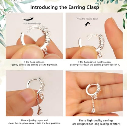 Silver CZ Dangle Earrings Hoop Leverback Drop Earrings Jewelry in Gifts Box | Hypoallergenic Elegant Cubic Zirconia Lightweight Drop Sliver /14k Gold Chain Drop Earring Jewelry for Women Daily Wear - color: Silver