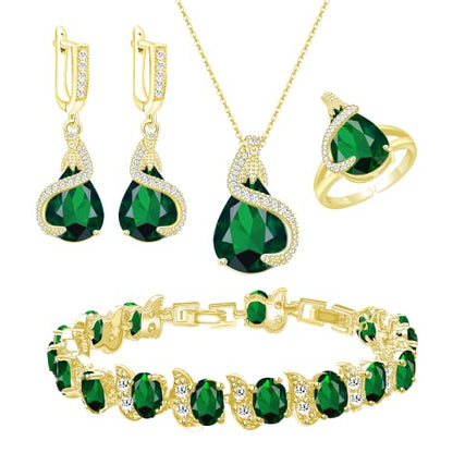 GZWHD Jewelry Set for Women Water Drop Cubic Zirconia Artificial Crystal Earrings Pendant Necklace Open Ring Tennis Bracelet Wedding Anniversary Birthday Engagement Gift for Bridesmaid Wife Girlfriend Friend - color: Gold-Green