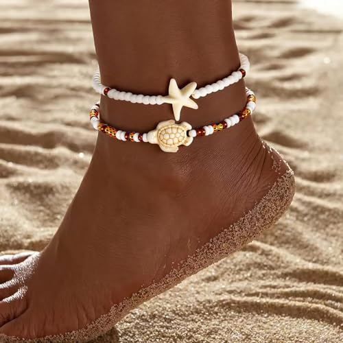 Qceasiy Shell Ankle Bracelets for Women, Boho Beaded Beach Anklet Set | Seashell, Heart, Starfish and Conch Styles, Gold-Tone, Stretch or Adjustable Fit, Layered Beach Vacation Jewelry Gifts - color: White 3