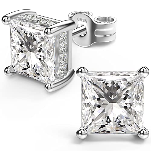 Princess Cut Cubic Zirconia Stud Earrings for Men Women | Square CZ Simulated Diamond Studs, 18K White Gold Plated Sterling Silver, Hypoallergenic - color: White Gold, size: 6MM
