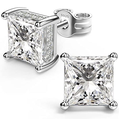 Princess Cut Cubic Zirconia Stud Earrings for Men Women | Square CZ Simulated Diamond Studs, 18K White Gold Plated Sterling Silver, Hypoallergenic - color: White Gold, size: 6MM