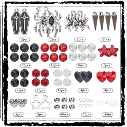 SUNNYCLUE 1 Box 6 Sets Halloween Bracelets Kit Coffin Spider Charms Gothic Charm Round Heart Star Bead Black Red Glass Spacer Beads for Jewelry Making Kits Women Adults DIY Bracelets Craft Gifts