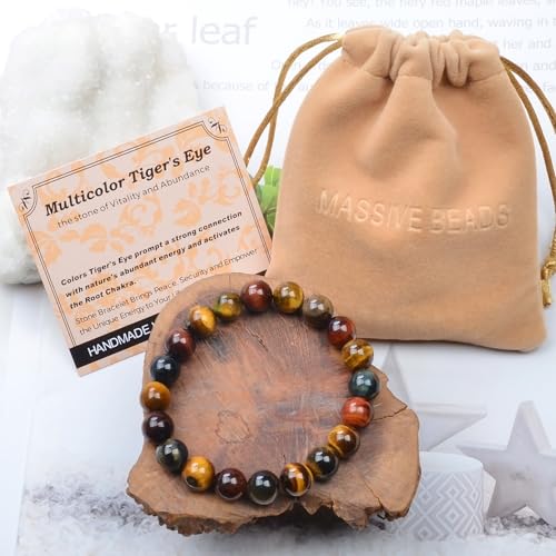 MASSIVE BEADS Handmade Yoga Stretch Elastic Bracelet Natural Stone Crystal Healing Power Energy Gifts for Unisex Adult 4mm 6mm 8mm 10mm - color: 3-Tiger's Eye (Vitality and Abundance), size: 10mm