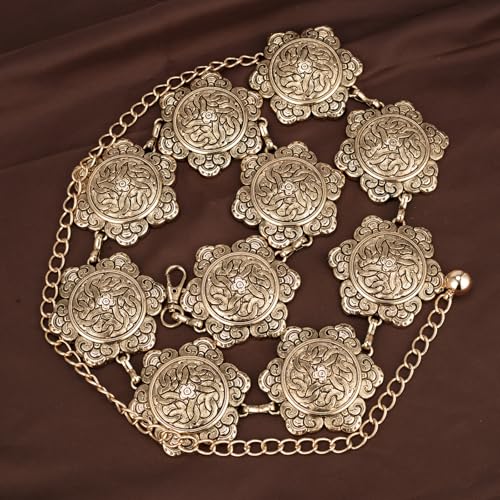 ILuvatar Western Metal Concho Belt for Women Cowgirl Waist Chain for Women Dress Pants Adjustable - color: Gold-t49