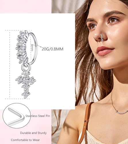 20Pcs Gold/Silver Dangle Nose Ring L Shaped Dangling Nose Stud Stainless Steel Nose Ring Studs CZ Cross Heart Snowflower Butterfly Moon Flower Dangle Nose Rings Hoops Nose Piercing 20G for Women - color: Silver