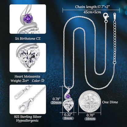 ANDSO Heart Moissanite Necklaces Birthday Jewelry Gifts for Women | S925 Silver /Gold Plating Birthstone Necklace, Ideal Anniversary Christmas Valentine Present for Mom Wife Her Girlfriend - style: Silver-2 Carat-Amethsy Purple