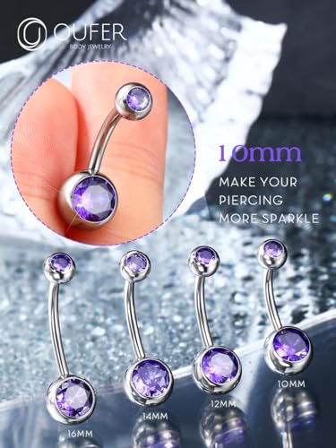 OUFER Titanium Belly Button Rings, Internally Threaded Belly Ring, Round CZ Navel Rings for Women Men - color: Purple, size: 1.6*10MM