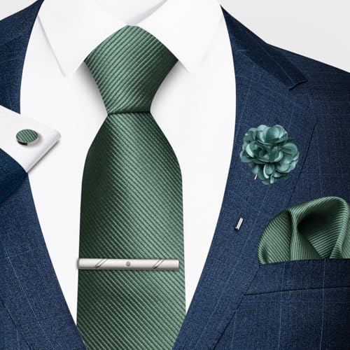 joy alice 30 Colors Solid Ties for Man Pure Color Men's Tie Set with Lapel Pin Pocket Square Tie Clip - color: Dark Green02