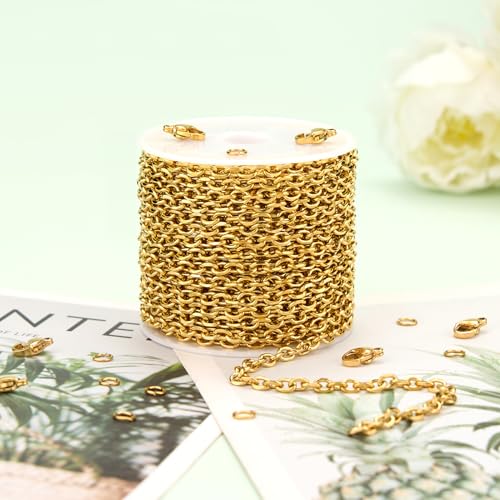 UMAOKANG 16.4 Feet Gold Plated Stainless Steel Chains for Jewelry Making | PVD Gold Plating Cable Jewelry Chain Roll with Jewelry Findings for Necklace Bracelet DIY - color: 1.0 Gold Cable