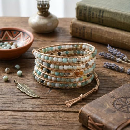 YGLINE Natural Stone Wrap Bracelet for Women Boho Bracelets Healing Crystal Beaded Bracelet Adjustable 3/5 Wraps Bracelet Handmade Birthday Gifts for Women - color: Amazonite(5 wraps)