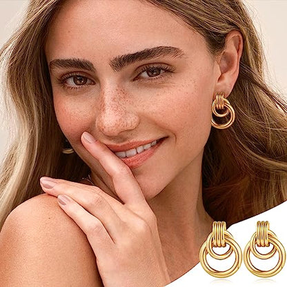 Gold Chunky Earrings for Women Geometric Knot Link Drop Dangle Earrings 14K Gold Plated Statement Earrings Trendy Gold Jewelry - color: Style 5