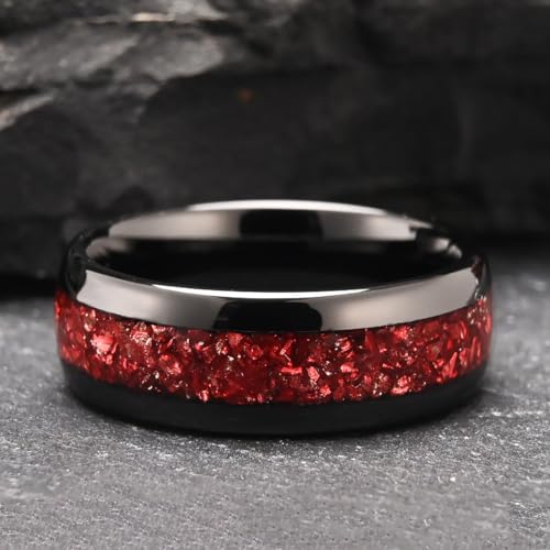Tungsten Rings for Men and Women 8mm/4mm Men’s Wedding Bands | 8mm Black Inlaid Purple Galaxy Opal Fashion High Polished Suitable for engagement and anniversary parties comfortable fit - color: 8mm black and red