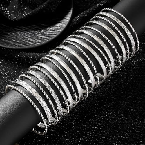 Gold Bangles for Women, 12 Pcs Boho Stackable Bracelets Multi Layer Textured Chunky Bracelets Jewelry Set for Women - color: Style F- 19 pcs silver