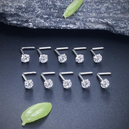 ASTM F136 Titanium Nose Rings 18G 20G 22G Clear Cubic Zirconia Nose Studs Ring Screw L-Shaped Bone Hypoallergenic Body Piercing Jewelry for Women 1.5mm 2mm 2.5mm 3mm 10PCS - style: L-Shaped:18G(1.0mm)-3mm CZ