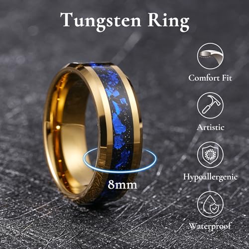 King Will Mens Wedding Band with Foils Inlay, Black/Silver/Gold Beveled Edge Glowstone Ring, 6mm/8mm Tungsten Carbide Rings Comfort Fit - color: Gold&Blue-8mm