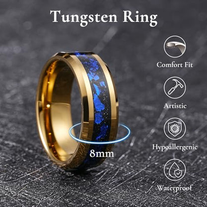 King Will Mens Wedding Band with Foils Inlay, Black/Silver/Gold Beveled Edge Glowstone Ring, 6mm/8mm Tungsten Carbide Rings Comfort Fit - color: Gold&Blue-8mm