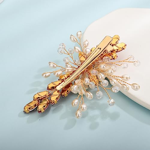 Xerling Wine Red Rhinestones Crystal Flower Hair Barrettes Clip Boho Bridal Pearl Hair Jewelry Accessories for Women Wedding Floral Headpieces (Wine Red) - color: Wine Red