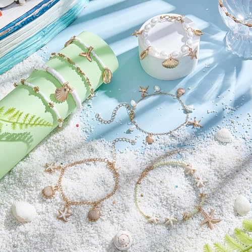 PH PandaHall 8pcs Ocean Themed Anklets for Women, Hawaiian Starfish Shell Charm Beaded Anklets Adjustable Seashell Ankle Bracelets for Beach Vacation Summer Jewelry Outfits Accessories