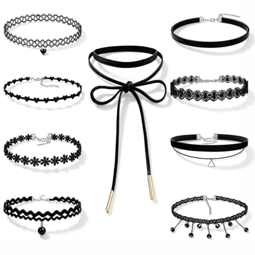 9PCS Choker Necklace Set for Women, Gothic Velvet Lace Y2K Tattoo Jewelry | Adjustable Fit, Hypoallergenic Nickel-Free, 90s Punk Lolita Styles, Gift-Ready Storage Bag, Layered Necklace for Teens