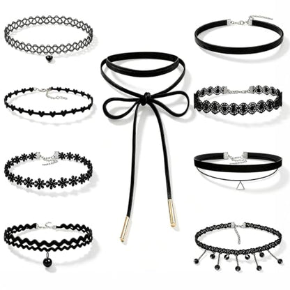9PCS Choker Necklace Set for Women, Gothic Velvet Lace Y2K Tattoo Jewelry | Adjustable Fit, Hypoallergenic Nickel-Free, 90s Punk Lolita Styles, Gift-Ready Storage Bag, Layered Necklace for Teens