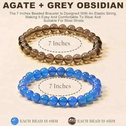 2PCS Agate Bracelet for Women Men Natural Round Beaded Agates Stone Healing Stretch Bracelets Elastic Handmade Polished Gemstone Beads Bracelet - color: Blue+Grey Obsidian, size: 8mm Beads