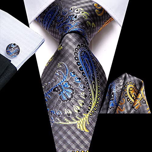 Hi-Tie Men's Silk Ties Formal Woven Classic Necktie Pocket Square Cufflinks Lapel Pin Set Wedding Business - color: A Grey and Blue