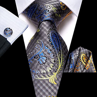 Hi-Tie Men's Silk Ties Formal Woven Classic Necktie Pocket Square Cufflinks Lapel Pin Set Wedding Business - color: A Grey and Blue