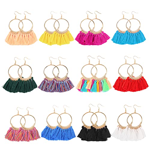 Bohemian Tassel Earrings for Women Colorful Fringe Statement Earrings 12 Pairs