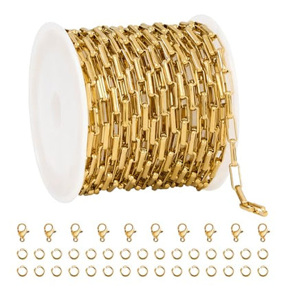 UMAOKANG 16.4 Feet Gold Plated Stainless Steel Chains for Jewelry Making Box Chain Link with Jump Rings and Lobster Clasps - color: Box Gold
