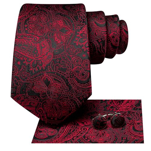 Hi-Tie Men 63inches Tie Set Extra Long Necktie Paisley Tie Pocket Suqare Cufflinks Big and Tall Men Tie - color: Black Red Dark