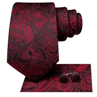Hi-Tie Men 63inches Tie Set Extra Long Necktie Paisley Tie Pocket Suqare Cufflinks Big and Tall Men Tie - color: Black Red Dark