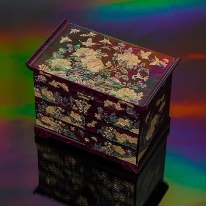 February Mountain Mother of Pearl Wooden Jewelry Organizer Box – Jewelry Storage Box for Women, Features Spacious Drawers, Ideal for Rings, Bracelets, Watches, Chains, Accessories (Peony_Purple) - style: Peony_Purple
