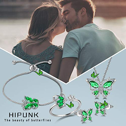 925 Sterling Silver Birthstone Butterfly Jewelry Women Crystal Animal Cute Butterflies Birthday Necklace/Earring/Ring/Bracelet Sets Birth Stone Statement Anniversary Jewellery - color: 3-E.May-Emerald