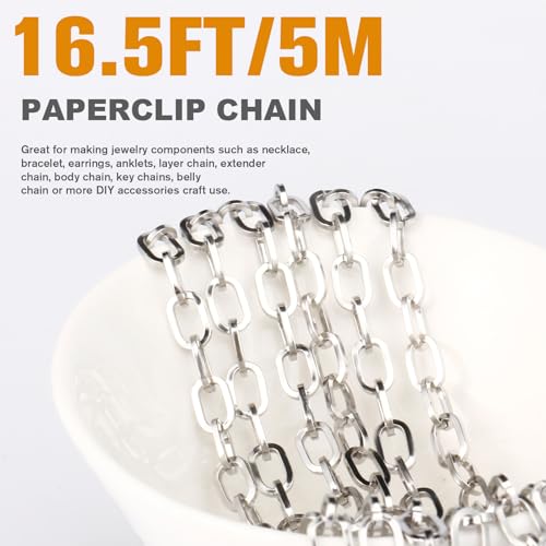 16.5FT Stainless Steel Paperclip Chain 5mm Silver Chain for Jewelry Making | Chunky Link Chains Roll Bulk for Necklace Bracelet Crafts - color: 5mm stainless steel paperclip