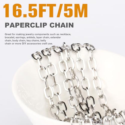 16.5FT Stainless Steel Paperclip Chain 5mm Silver Chain for Jewelry Making | Chunky Link Chains Roll Bulk for Necklace Bracelet Crafts - color: 5mm stainless steel paperclip