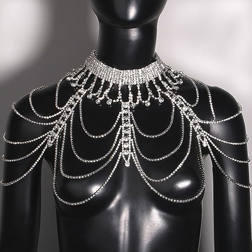 STONEFANS Bridal Rhinestone Shoulder Necklace Body Collar Jewelry Luxury Tassel Crystal Shoulder Harness Chain Wedding for Women - style: Silver Shoulder Necklace