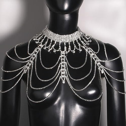 STONEFANS Bridal Rhinestone Shoulder Necklace Body Collar Jewelry Luxury Tassel Crystal Shoulder Harness Chain Wedding for Women - style: Silver Shoulder Necklace