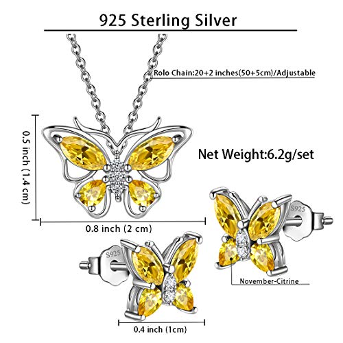 925 Sterling Silver Birthstone Butterfly Jewelry Women Crystal Animal Cute Butterflies Birthday Necklace/Earring/Ring/Bracelet Sets Birth Stone Statement Anniversary Jewellery - color: 1-K.November-Citrine