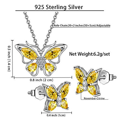 925 Sterling Silver Birthstone Butterfly Jewelry Women Crystal Animal Cute Butterflies Birthday Necklace/Earring/Ring/Bracelet Sets Birth Stone Statement Anniversary Jewellery - color: 1-K.November-Citrine