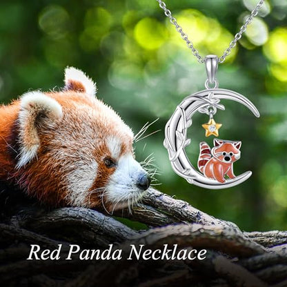 YAFEINI Moon Animal Necklace S925 Sterling Silver Owl/Fox/Red Panda/Possum/Snake/Dachshund Pendant Necklace Animal Jewelry Gifts for Women Mom Wife - style: RED PANDA
