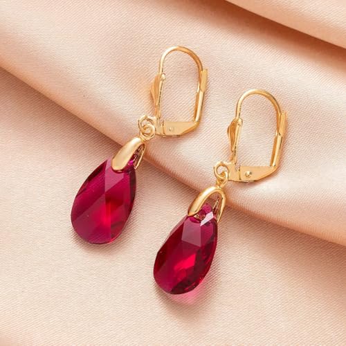 Austrian Crystal Teardrop Leverback Dangle Earrings for Women Fashion 14K Gold Plated Hypoallergenic Jewelry - color: Fuchsia