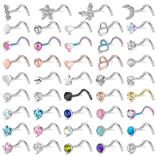 36-44 Pcs 18G 20G Nose Rings Studs Nose Rings for Women Nose Piercings Jewelry Surgical Stainless Steel Nose Studs Moon Star Heart Butterfly Hypoallergenic Body Piercing Jewelry for Women Men - color: 20G Colorful A-Screw- 44 Pcs