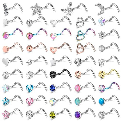 36-44 Pcs 18G 20G Nose Rings Studs Nose Rings for Women Nose Piercings Jewelry Surgical Stainless Steel Nose Studs Moon Star Heart Butterfly Hypoallergenic Body Piercing Jewelry for Women Men - color: 20G Colorful A-Screw- 44 Pcs